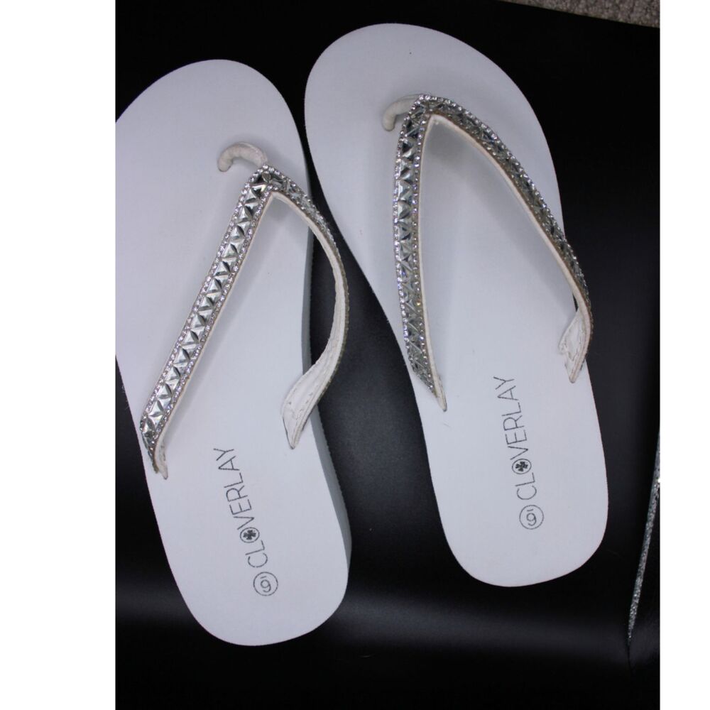 Cloverlay White Rhinestone Platform Wedge Flip Flops Size 6